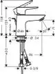 Hansgrohe-Waschtischmischer mit Einhebelbedienung, Auslauf in 30°-Neigung. Abmessungen und Anschlüsse sind schematisch dargestellt.